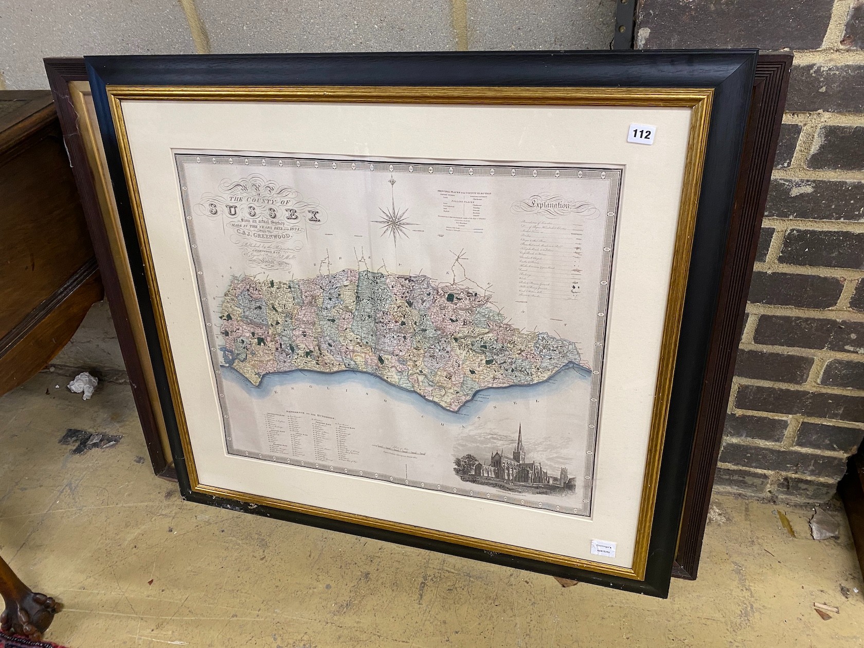 After Greenwood, coloured print the county of Sussex, 98 x 88cm including frame together with an Alan Line coloured print